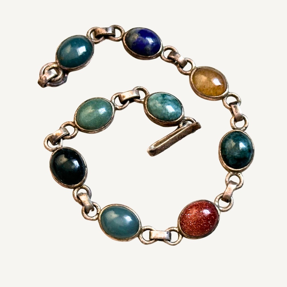Antique Sterling Multi-Gemstone Link Bracelet - Jade, Onyx, Sunstone